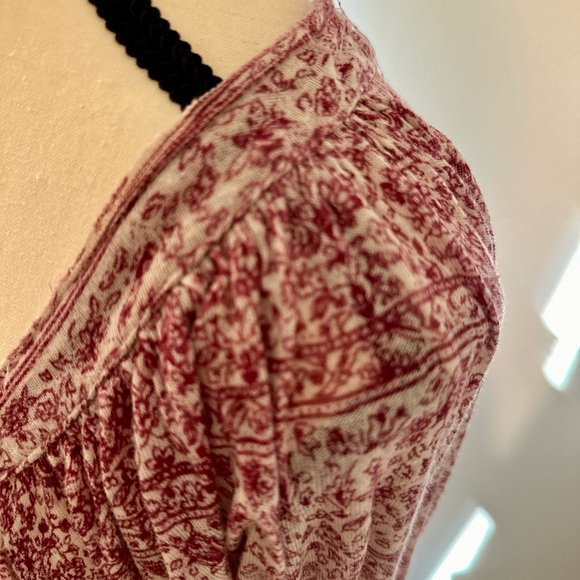Free People Top Floral Maroon Long Balloon Sleeves Flowy Boho Peasant SZ Medium - Picture 4 of 8